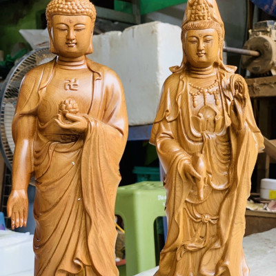 Bộ tượng phật tam thánh bằng gỗ bách xanh thơm nức kt cao 50×15×15cm