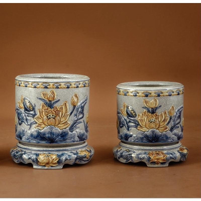 Bát hương thờ gia tiên men rạn giả cổ, họa tiết đắp nổi thủ công. Gốm sứ Bát Tràng cao cấp.