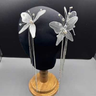 Set cài tóc bướm ánh trắng bạc dây đá tua rua mẫu mới