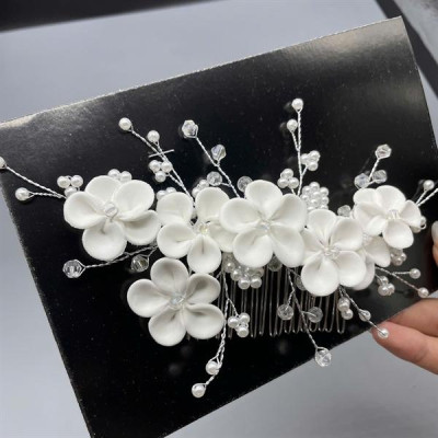 Cài tóc cô dâu hoa đất sét trắng có sẵn xược cài mã 006 - 18cm