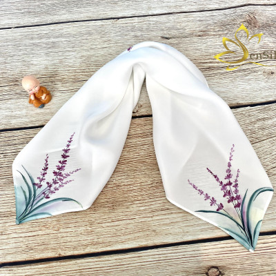 Phụ Kiện Lụa Thời Trang Vẽ Tay Hoa Lavender SenSilk 55x55cm, Khăn Lụa Đẹp Vẽ Tay - Quà Tặng Độc Đáo, Silk Square Painting Scarf