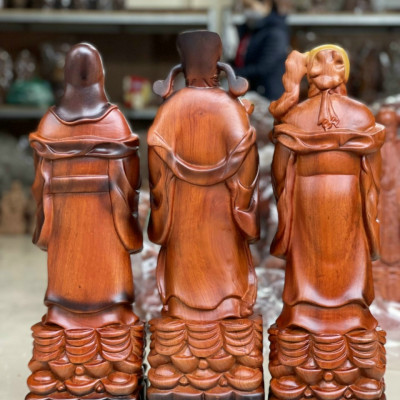 Bộ tượng phật tam đa phúc lộc thọ bằng gỗ hương đá tô làm mầu giả cổ kt cao 50×15×12cm