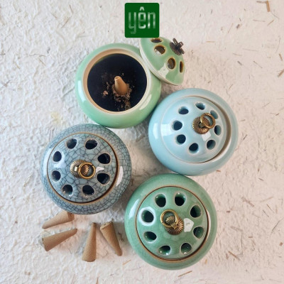 Lư Xông Nụ Trầm Gốm Sứ Nắp Đồng Hoa Văn - Dùng Đốt Nụ Trầm, Nụ Thảo Mộc Thuần Việt