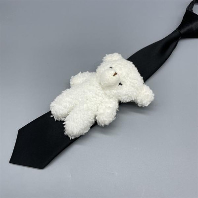 Cà vạt nữ màu đen tag gấu trắng dây kéo thắt sẵn kt 6x36cm