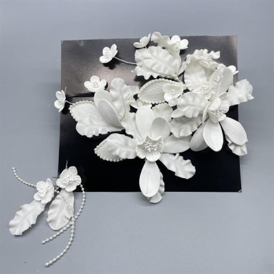 Cài tóc cô dâu hoa đất sét trắng lớn kèm hoa tai mẫu mới t7/2024