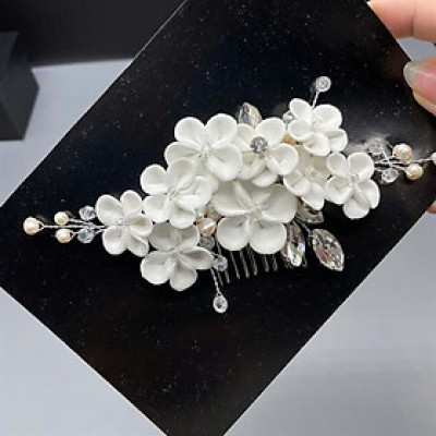 Cài tóc cô dâu hoa đất sét trắng có sẵn xược cài mã 009 - 15cm