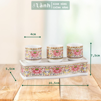 Bộ 3 Ly Cốc Thờ Cúng Bàn Thờ Thần Tài Thổ Địa Gốm Sứ Cao Cấp Cao 7,5cm Hoa Văn Sen 3 Lành