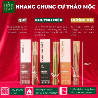 Nhang Thảo Mộc Chung Cư Mix Quế Khuynh Diệp Hương Bài 23cm Hộp 100 Thanh Yên 100 % Tự Nhiên Thờ Cúng