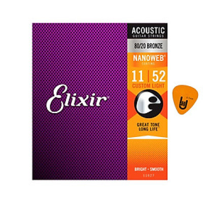 Elixir 11027 - Dây Đàn Acoustic Guitar Cỡ 11 (.011-.052) - 80/20 Bronze Strings Custom Light - Phân Phối Chính Hãng (Bộ Dây phủ lớp Nanoweb cao cấp) - Kèm Móng Gảy DreamMaker