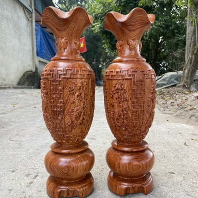 Cặp lục bình trạm khắc tứ quý ,phong thủy hút tài lộc bằng gỗ hương đá kt 