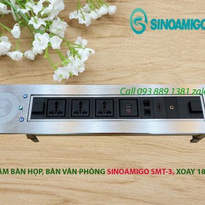 Hộp điện âm bàn họp, bàn văn phòng Sinoamigo SMT-3, xoay 180 độ,  tích hợp sạc không dây