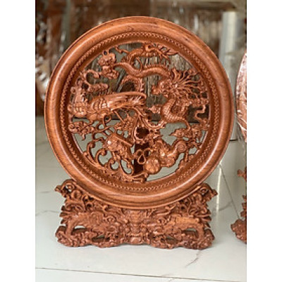 Đĩa trang trí phong thủy trạm khắc tứ linh bằng gỗ hương đá kt mặt rộng 50×4,5cm