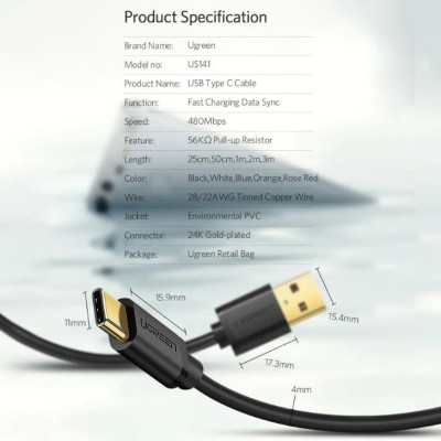 Ugreen UG30159US141TK 1M màu đen Dây USB 2.0 sang Type-C truyền dữ liệu và sạc - HÀNG CHÍNH HÃNG