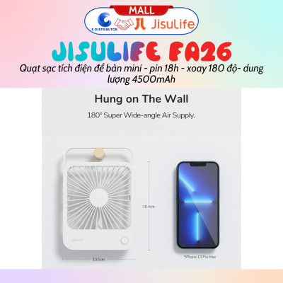 Quạt tích điện mini để bàn Jisulife FA26 - pin 4500mah pin 18 giờ, xoay 180 độ - Hàng chính hãng