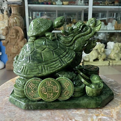 Tượng Long Quy ( Rùa đầu rồng ) cõng con phong thủy đá ngọc Ấn Độ - Dài 22 cm