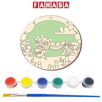 Lồng Đèn Trung Thu Gỗ Mộc Không Màu + Vỉ 6 Màu Nước: Đèn Lân Tròn Mộc - Bách Mộc 12 (Có Kèm Pin)