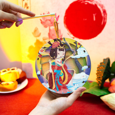 Lồng Đèn Trung Thu Gỗ Mộc Màu : Đèn Hằng Tròn - Bách Mộc 04 (Có Kèm Pin)