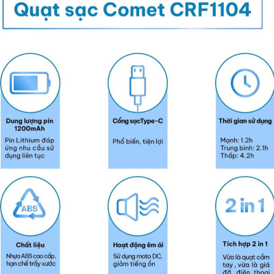 Quạt Sạc Cầm Tay COMET CRF1104 Công Suất 3W, Pin 1200mAh, Có Đế Rời, Kích Thước Nhỏ Gọn hàng chính hãng