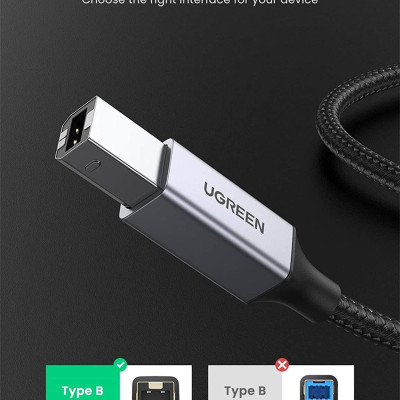Ugreen UG80801US369TK 1M đầu nhôm dây bọc lưới chống nhiễu cáp máy in màu Đen 2.0 USB A sang B - HÀNG CHÍNH HÃNG