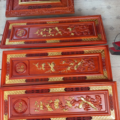 Tranh tứ quý bốn mùa xuân hạ thu đông bằng gỗ hương đỏ 