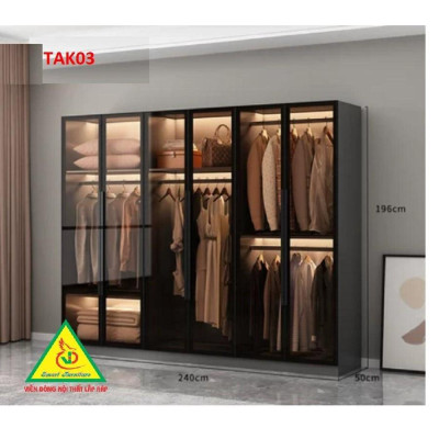 Tủ quần áo gỗ MDF cánh kính cường lực khung nhôm TAK03 - Nội thất lắp ráp Viendong Adv