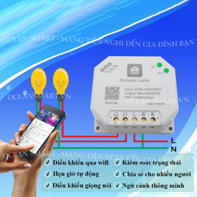 Công Tắc Wifi Lahu, Công Tắc Thông Minh Hẹn Giờ Không Cần Internet RTC HUNONIC, Công Suất Lên Đến 4000W - LAHU