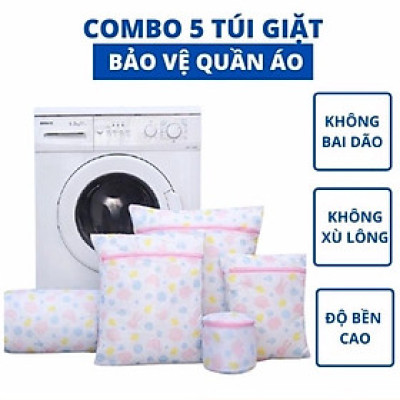 Túi lưới giặt đồ cho máy giặt, set 5 túi giặt quần áo có khóa kéo tiện lợi