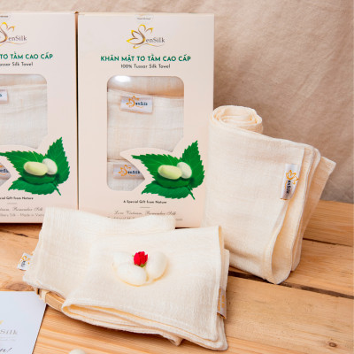 Tussar Silk Towel - Khăn Mặt Tơ Tằm Cao Cấp SenSilk– Combo Happy Family3 (3 khăn) - Khăn mặt tơ tằm tự nhiên 100% 