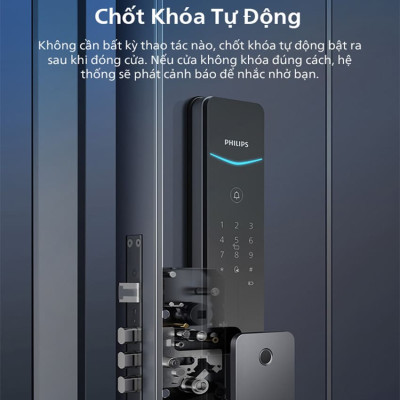 Bộ khóa cửa thông minh Gateway điều khiển từ xa, vân tay, thẻ từ, mật khẩu và chìa cơ, tích hợp kèm chuông cửa Philips DDL801-5HBS - Hàng nhập khẩu