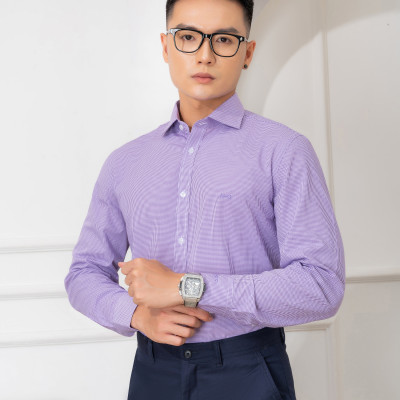 Áo sơ mi nam dài tay ALIGRO màu tím, 100% chất cotton thoáng mát, thấm hút mồ hôi tốt, cổ bẻ, dáng ôm body ALGS153