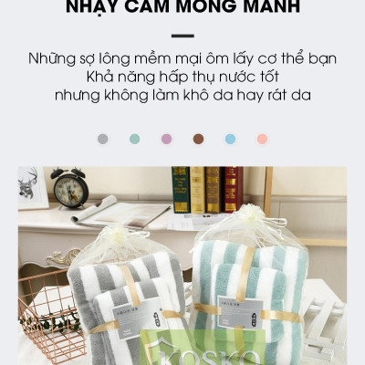 Bộ 2 khăn tắm khổ lớn microfiber KOSKO kích thước 70x140cm và 35x75cm siêu thấm hút không rụng lông