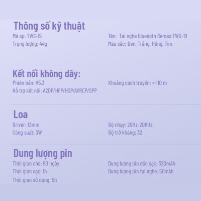 Tai nghe Bluetooth True Wireless Remax TWS-19 Marshmallow Series, bluetooth 5.3, âm thanh cực đỉnh không delay - Hàng chính hãng