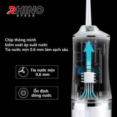 Máy tăm nước rửa răng thông minh Rhino WT101 220ml xịt nước chăm sóc răng miệng cầm tay, 3 chế độ có thể sạc - Hàng chính hãng