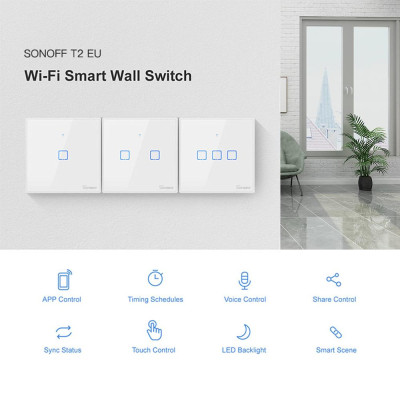 Công tắc đèn tường WiFi thông minh 433Mhz Ứng dụng điều khiển từ xa RF / Hẹn giờ SONOFF T2UK3C-TX  Gang
