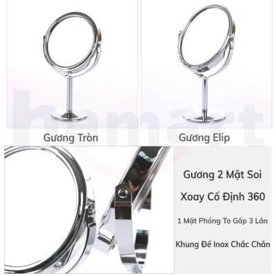Gương trang điểm để bàn inox 2 mặt xoay 360 độ sang trọng tuyệt đẹp, 1 mặt phóng to 3 lần rõ nét