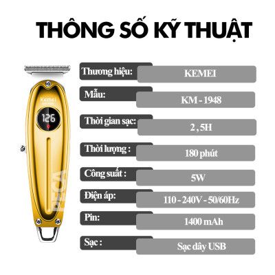 Tông đơ chấn viền cao cấp Kemei KM-1948 lưỡi sắc bén màn hình LCD hiển thị sạc USB tiện lợi dùng khắc tóc, cạo đầu, cạo viền, tattoo fade tóc