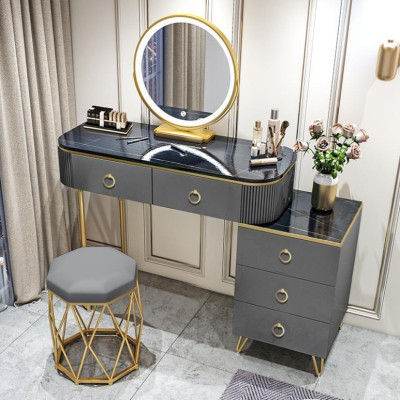 Bộ bàn ghế trang điểm: Bàn phấn 2 ngăn mặt đá chân tủ 3 ngăn  + Ghế  + Gương