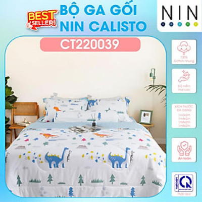 NEW 2024 Bộ 3,4 món drap cotton, áo gối NIN Calisto CT220039 1m2, 1m4, 1m6, 1m8 bọc nệm bo chun, cao cấp