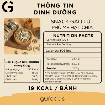 Snack gạo lứt phủ mè hạt chia GUfoods - Topping béo bùi giòn rụm, Tiện lợi, Giàu chất xơ, Eat clean, Thuần chay