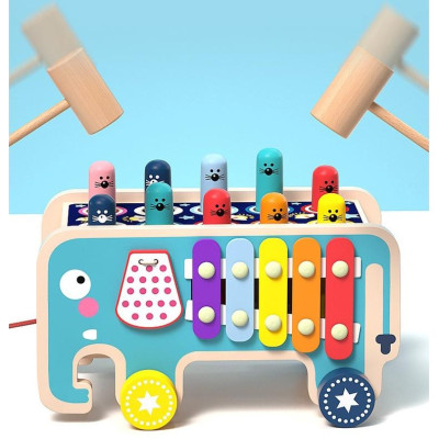 Đồ Chơi Gỗ Đồ Chơi Đập Chuột Hình Con Voi Kèm Đàn, Kèm Bánh Răng Xoay 3 in 1