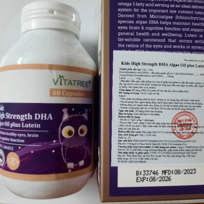 Viên Uống Vitatree Kids Strength DHA Algae Oil plus Lutein, hộp 60 viên, bổ não và mắt cho trẻ, nhập khẩu Úc