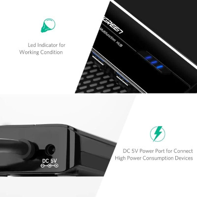 Ugreen UG2026520265TK 28CM màu Đen HUB chuyển đổi USB 3.0 Sang 3 USB 3.0 + LAN cao cấp hỗ trợ tốc độ 1 Gbps - HÀNG CHÍNH HÃNG