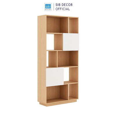 Kệ Sách Gỗ Nhiều Ngăn Kèm 2 Cánh Mở Màu Trắng Phối Oak SIB Decor KSG26