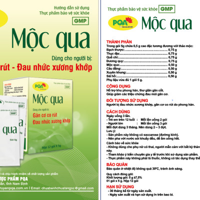 Cốm PQA Mộc Qua là dược phẩm thảo dược hỗ trợ khu phong hàn, thư giãn gân cốt, giúp hạn chế các triệu chứng đau mỏi gân cơ.