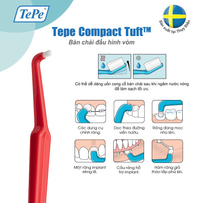 Bàn chải đánh răng đầu hình vòm cho người niềng răng, chỉnh nha, răng implant riêng lẻ Tepe Compact Tuft - Màu ngẫu nhiên (vỉ)