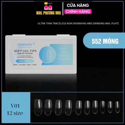 Hộp 552 Móng Úp Vinimay Form Bầu Tròn Trong V01 Siêu Mỏng Dẻo Cao Cấp Làm Nail Đủ 12 Size Dài Ngắn Oval Medium Soft Gel Tips Nữ Women