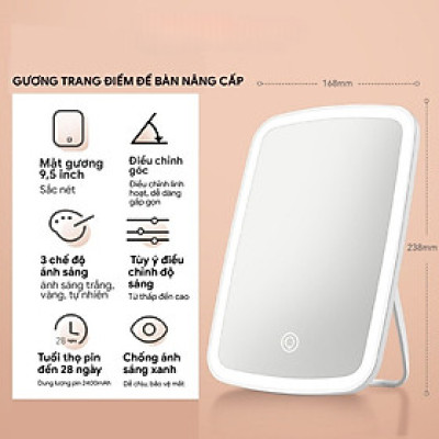 Gương Để Bàn Đèn LED Gương Cảm Ứng Để Bàn Trang Điểm Gương Có 3 Chế Độ Sáng Đổi Màu Sạc USB 23x16cm