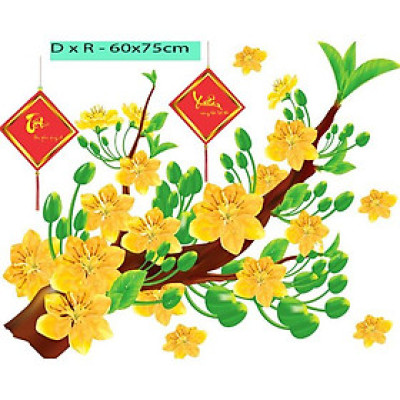 DEcal trang trí tết cành mai vàng - có sẵn keo - decal dán kính trang trí tết PK 628(60x75cm)