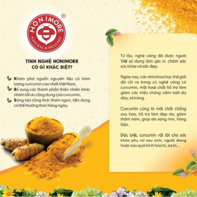 Sữa nghệ Honimore 3300mg Curcumin hộp 288g | 16 gói | Dành cho người dạ dày | Phụ nữ sau sinh | Tăng cường miễn dịch | Da sáng mịn