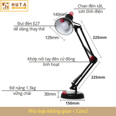 Đèn Bàn Làm Việc Thép HUTA KYSU1 Kèm Bóng Led Chống Cận, Bảo Vệ Mắt, Khớp Nối Cong Dễ Điều Chỉnh, Decor Trang Trí Bàn Học Đọc Sách